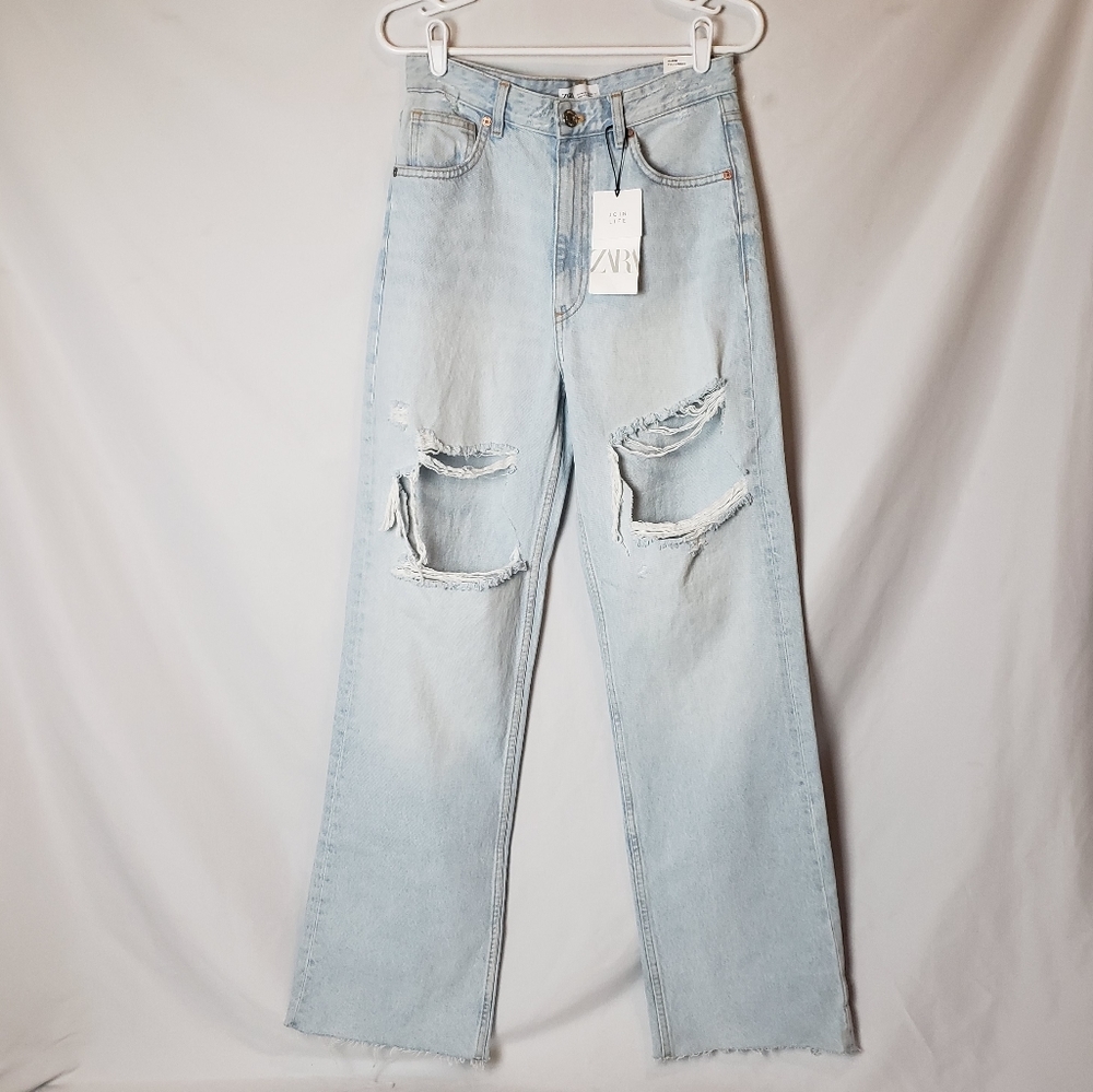 Zara Blogger Wide Legs Ripped Distressed High Rise Jeans - Picture 2 of 12